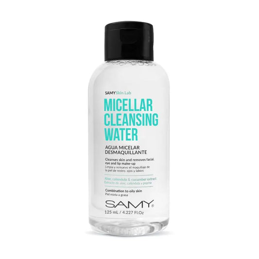 Agua micelar desmaquillante Samy 125 ml para todo tipo de piel disponible en MUBES Cosmetics Palmira Colombia